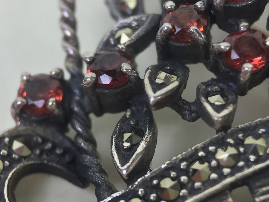 Sterling Silver Flower Basket Brooch Pin With Marcasites And Red Stones Signed NF 925 16.7g [Photo 12]