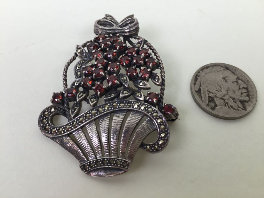 Sterling Silver Flower Basket Brooch Pin With Marcasites And Red Stones Signed NF 925 16.7g