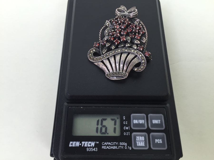 Sterling Silver Flower Basket Brooch Pin With Marcasites And Red Stones Signed NF 925 16.7g [Photo 20]