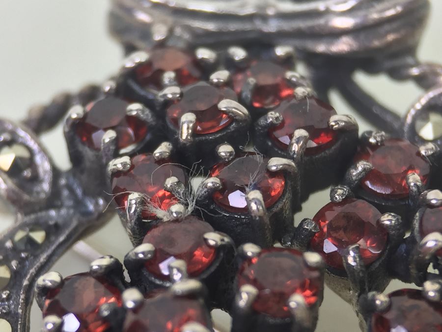 Sterling Silver Flower Basket Brooch Pin With Marcasites And Red Stones Signed NF 925 16.7g [Photo 16]