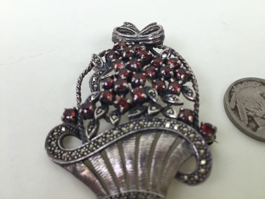 Sterling Silver Flower Basket Brooch Pin With Marcasites And Red Stones Signed NF 925 16.7g [Photo 5]