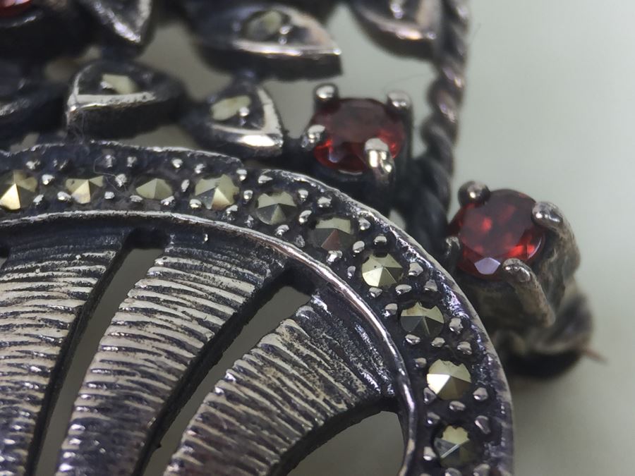 Sterling Silver Flower Basket Brooch Pin With Marcasites And Red Stones Signed NF 925 16.7g [Photo 14]
