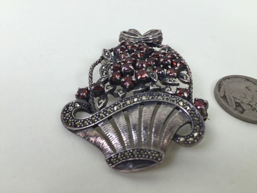 Sterling Silver Flower Basket Brooch Pin With Marcasites And Red Stones Signed NF 925 16.7g [Photo 4]