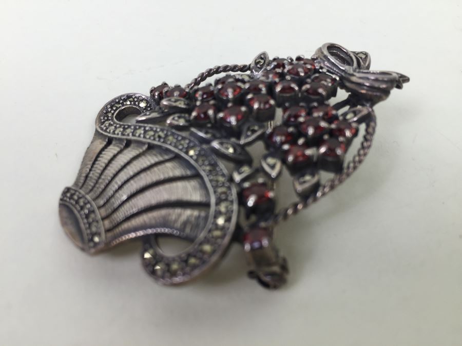 Sterling Silver Flower Basket Brooch Pin With Marcasites And Red Stones Signed NF 925 16.7g [Photo 6]