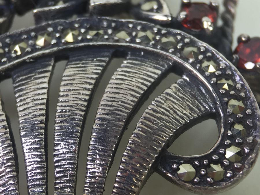 Sterling Silver Flower Basket Brooch Pin With Marcasites And Red Stones Signed NF 925 16.7g [Photo 13]