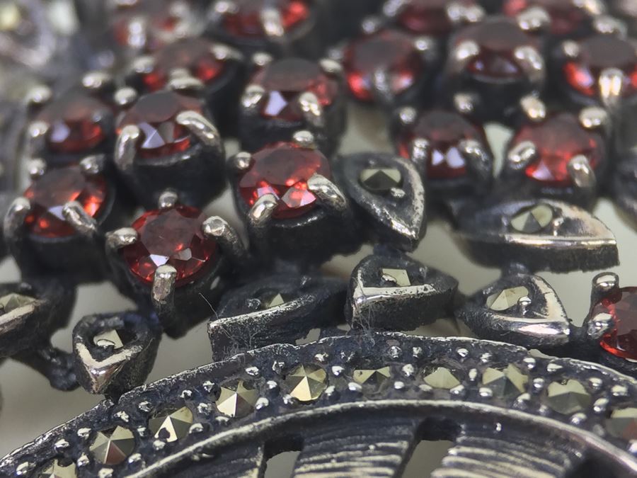 Sterling Silver Flower Basket Brooch Pin With Marcasites And Red Stones Signed NF 925 16.7g [Photo 19]