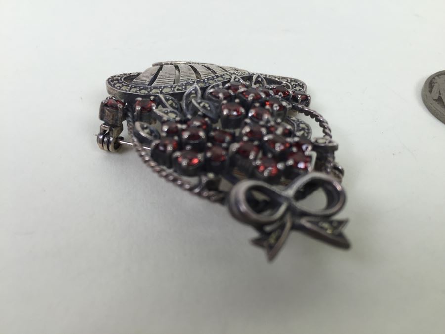 Sterling Silver Flower Basket Brooch Pin With Marcasites And Red Stones Signed NF 925 16.7g [Photo 7]