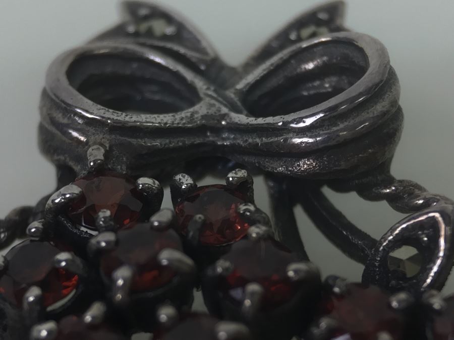 Sterling Silver Flower Basket Brooch Pin With Marcasites And Red Stones Signed NF 925 16.7g [Photo 17]