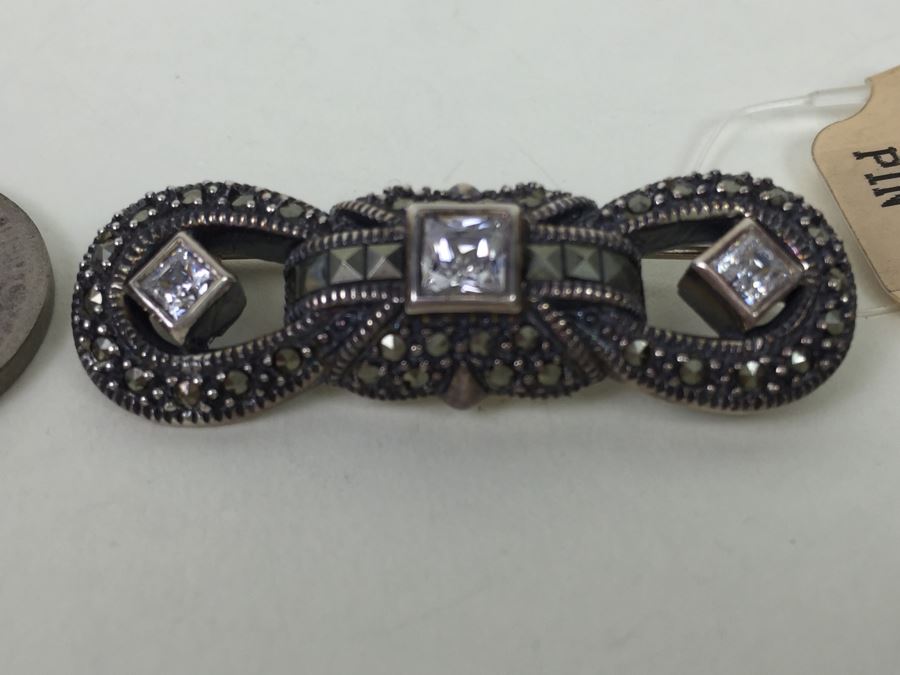 Sterling Silver Brooch Pin With Marcasites Signed JJ Judith Jack 8.3g [Photo 5]