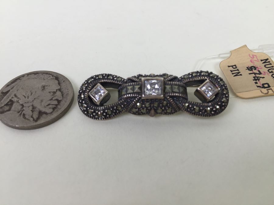 Sterling Silver Brooch Pin With Marcasites Signed JJ Judith Jack 8.3g [Photo 1]