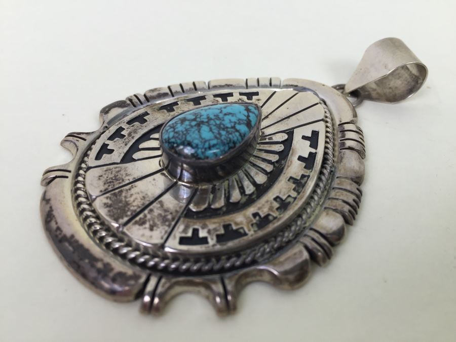 Vintage Sterling Silver Navajo Turquoise Pendant Signed Johnathan Nez 42.2g [Photo 6]