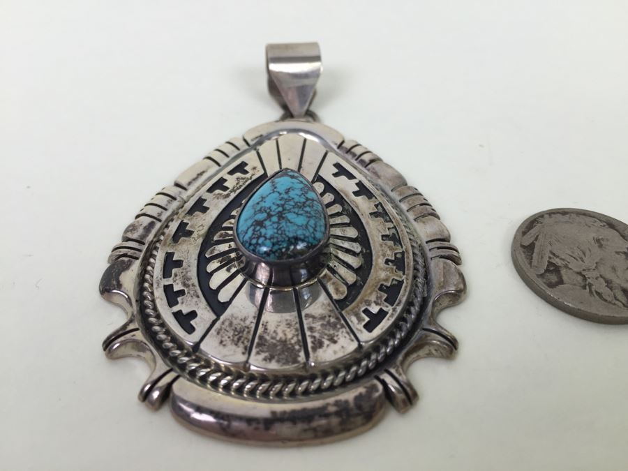 Vintage Sterling Silver Navajo Turquoise Pendant Signed Johnathan Nez 42.2g [Photo 5]