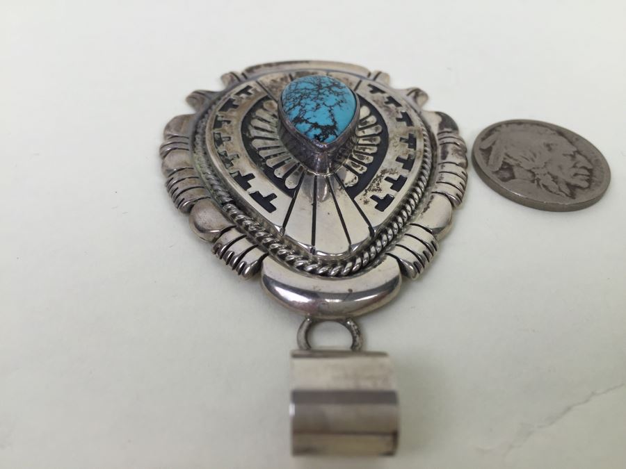 Vintage Sterling Silver Navajo Turquoise Pendant Signed Johnathan Nez 42.2g [Photo 7]