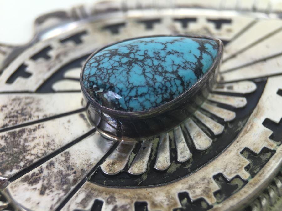Vintage Sterling Silver Navajo Turquoise Pendant Signed Johnathan Nez 42.2g [Photo 13]
