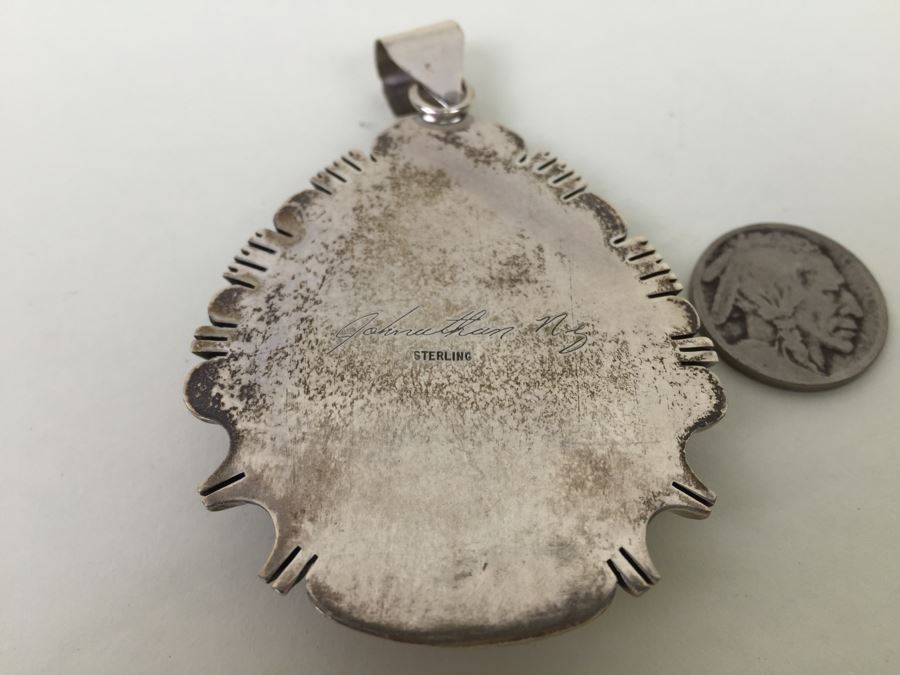 Vintage Sterling Silver Navajo Turquoise Pendant Signed Johnathan Nez 42.2g [Photo 9]