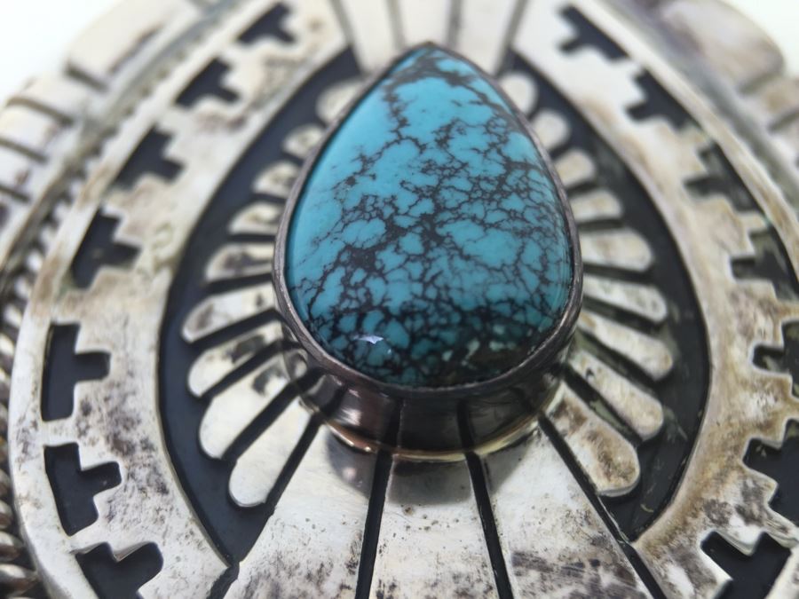 Vintage Sterling Silver Navajo Turquoise Pendant Signed Johnathan Nez 42.2g [Photo 2]