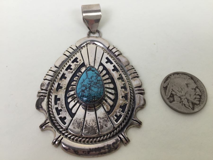 Vintage Sterling Silver Navajo Turquoise Pendant Signed Johnathan Nez 42.2g