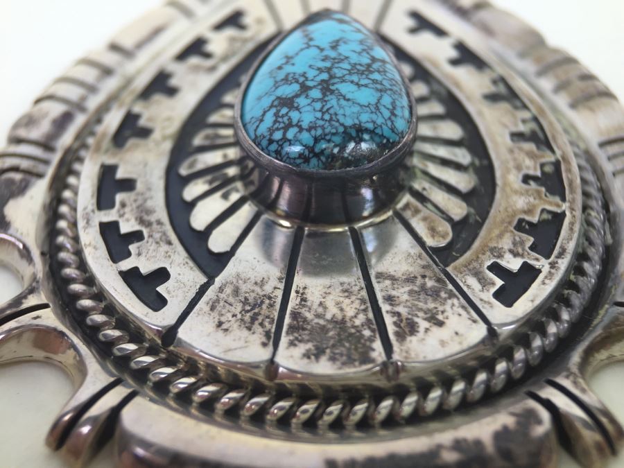 Vintage Sterling Silver Navajo Turquoise Pendant Signed Johnathan Nez 42.2g [Photo 12]