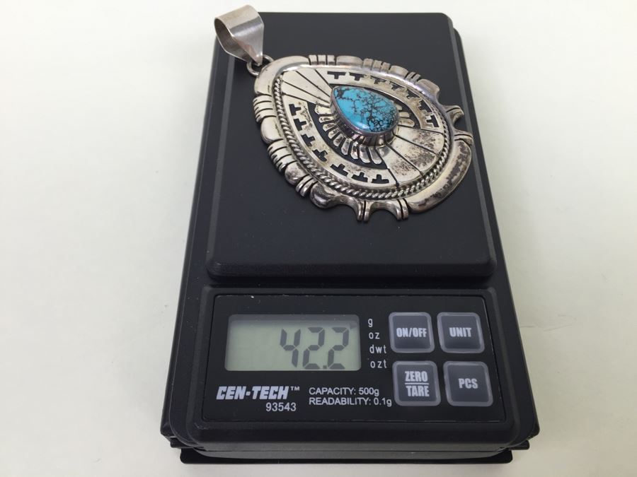 Vintage Sterling Silver Navajo Turquoise Pendant Signed Johnathan Nez 42.2g [Photo 14]