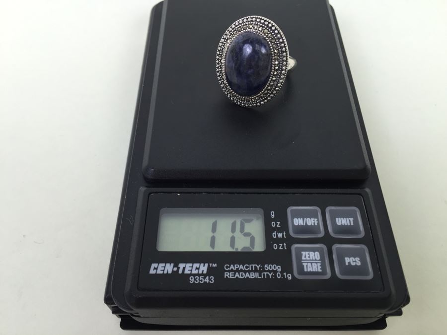 Sterling Silver Ring Size 7 With Marcasites And Large Lapis Lazuli Stone Signed SMJ 11.5g [Photo 14]
