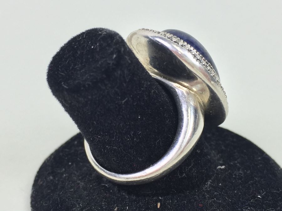 Sterling Silver Ring Size 7 With Marcasites And Large Lapis Lazuli Stone Signed SMJ 11.5g [Photo 18]