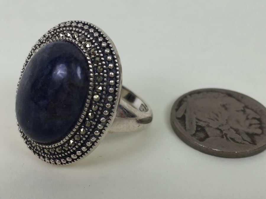 Sterling Silver Ring Size 7 With Marcasites And Large Lapis Lazuli Stone Signed SMJ 11.5g [Photo 1]