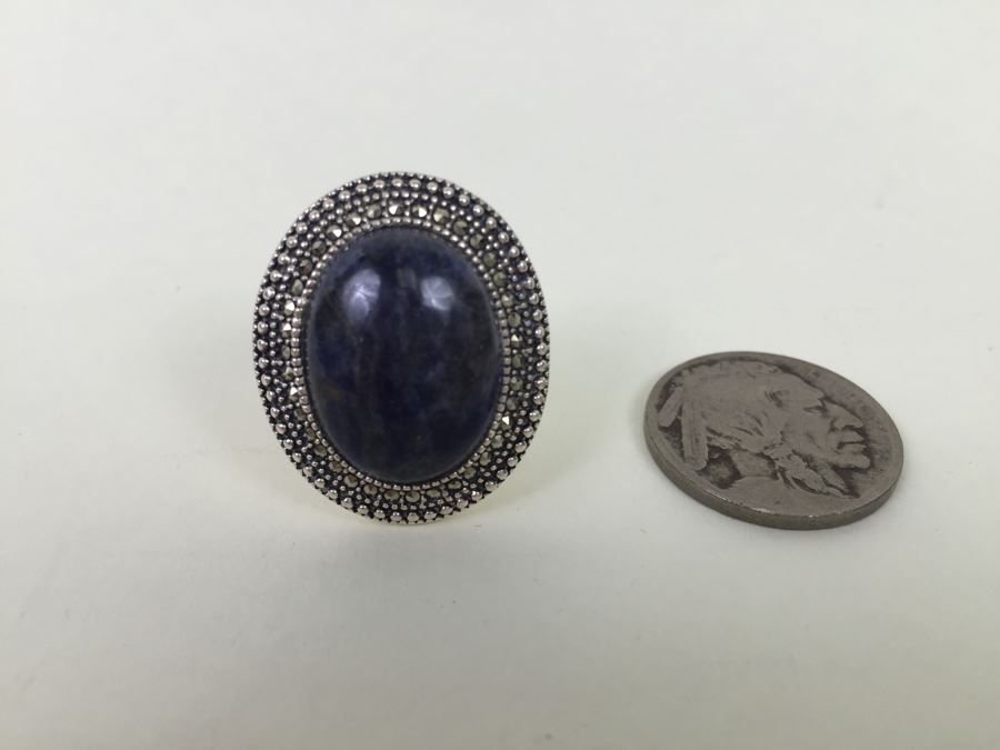 Sterling Silver Ring Size 7 With Marcasites And Large Lapis Lazuli Stone Signed SMJ 11.5g [Photo 4]