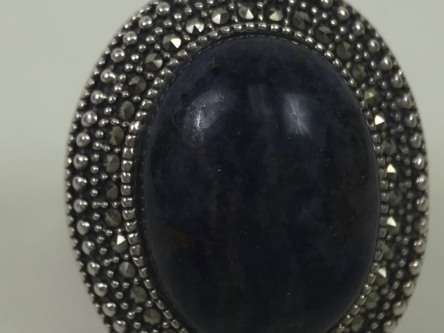 Sterling Silver Ring Size 7 With Marcasites And Large Lapis Lazuli Stone Signed SMJ 11.5g [Photo 3]