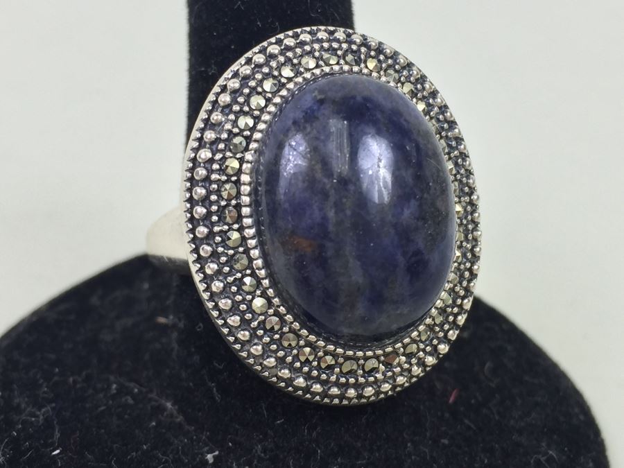 Sterling Silver Ring Size 7 With Marcasites And Large Lapis Lazuli Stone Signed SMJ 11.5g [Photo 16]