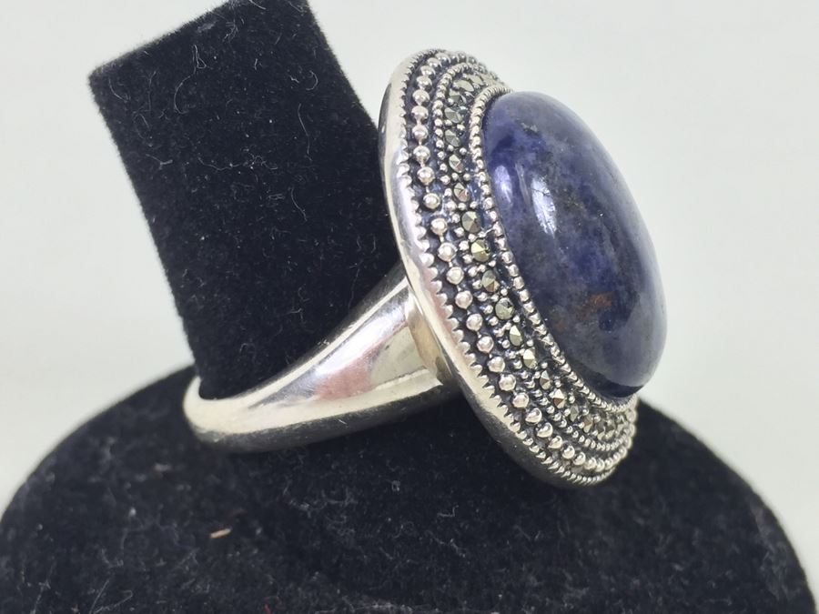 Sterling Silver Ring Size 7 With Marcasites And Large Lapis Lazuli ...