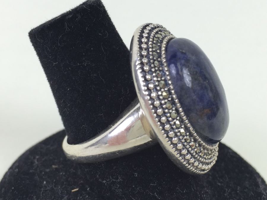 Sterling Silver Ring Size 7 With Marcasites And Large Lapis Lazuli ...