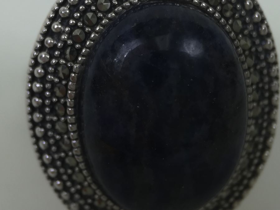 Sterling Silver Ring Size 7 With Marcasites And Large Lapis Lazuli Stone Signed SMJ 11.5g [Photo 8]