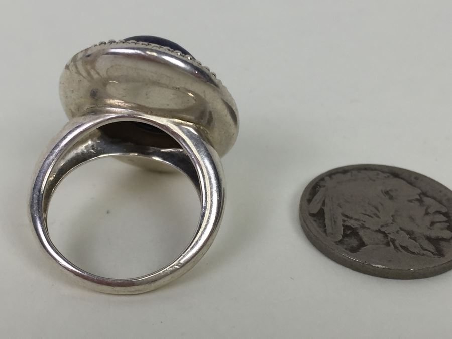 Sterling Silver Ring Size 7 With Marcasites And Large Lapis Lazuli Stone Signed SMJ 11.5g [Photo 5]