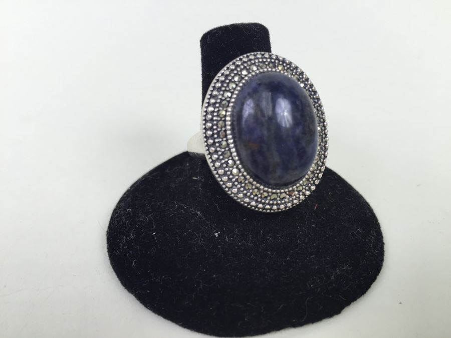 Sterling Silver Ring Size 7 With Marcasites And Large Lapis Lazuli Stone Signed SMJ 11.5g [Photo 15]
