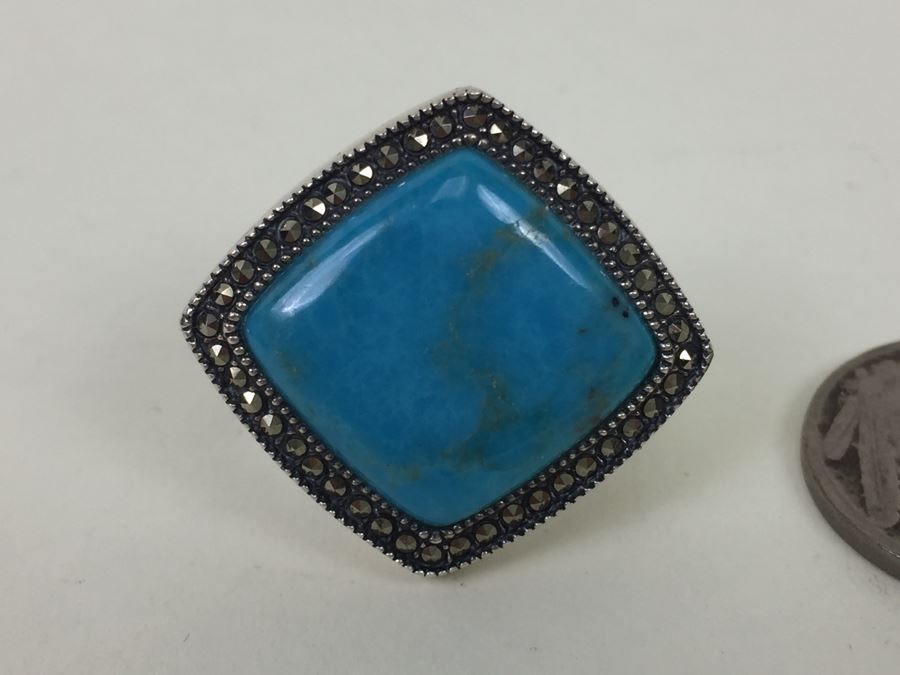 Sterling Silver Turquoise Ring With Marcasites Signed S M J 11.7g [Photo 5]