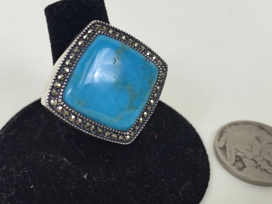 Sterling Silver Turquoise Ring With Marcasites Signed S M J 11.7g [Photo 9]