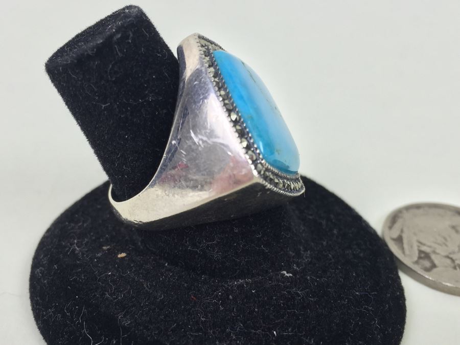 Sterling Silver Turquoise Ring With Marcasites Signed S M J 11.7g [Photo 10]