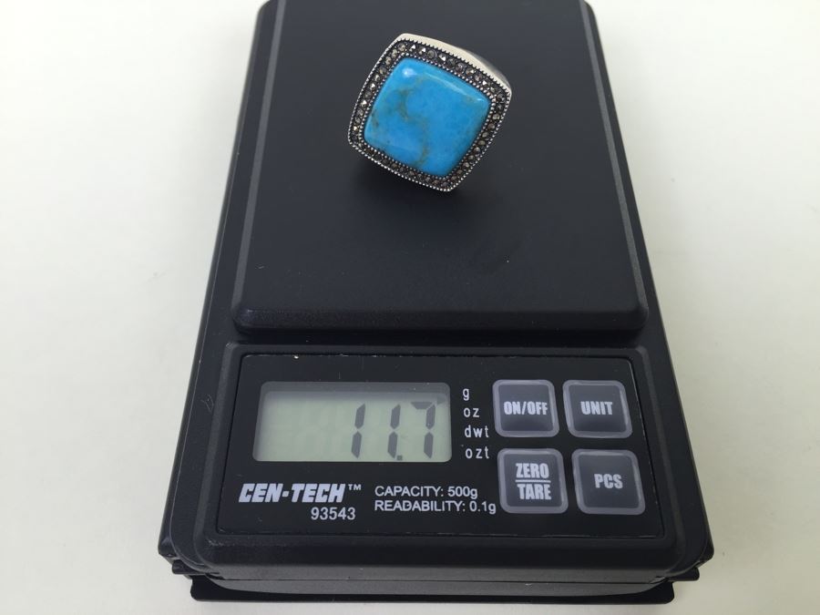 Sterling Silver Turquoise Ring With Marcasites Signed S M J 11.7g [Photo 18]