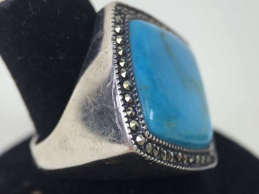 Sterling Silver Turquoise Ring With Marcasites Signed S M J 11.7g [Photo 3]