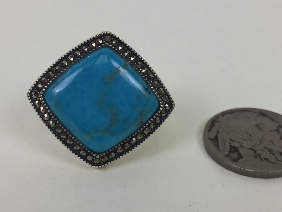 Sterling Silver Turquoise Ring With Marcasites Signed S M J 11.7g [Photo 4]