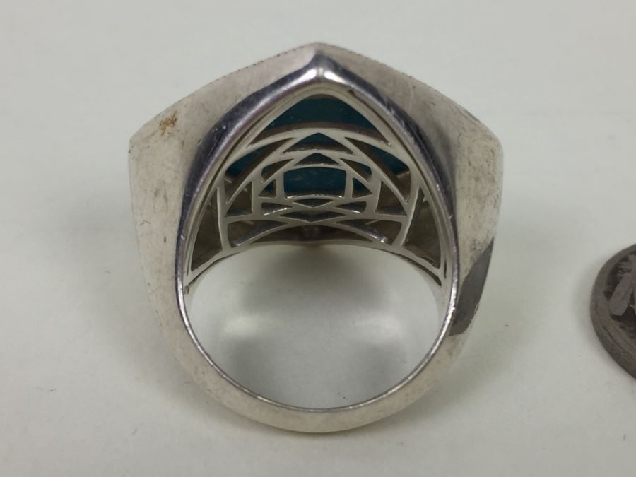 Sterling Silver Turquoise Ring With Marcasites Signed S M J 11.7g [Photo 7]