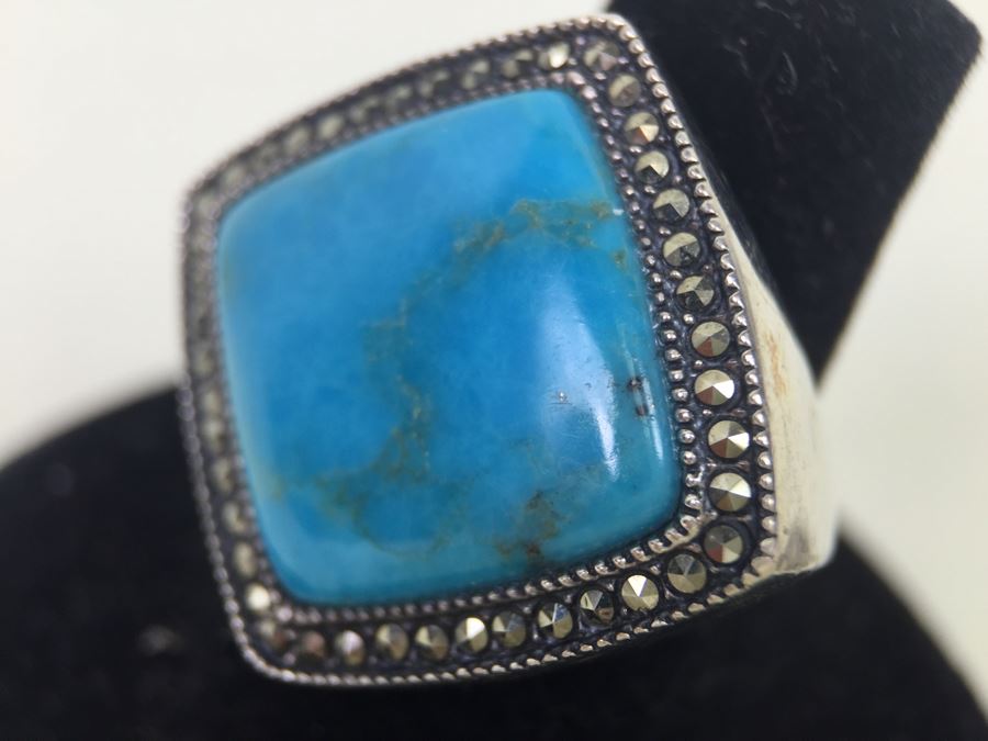 Sterling Silver Turquoise Ring With Marcasites Signed S M J 11.7g [Photo 13]