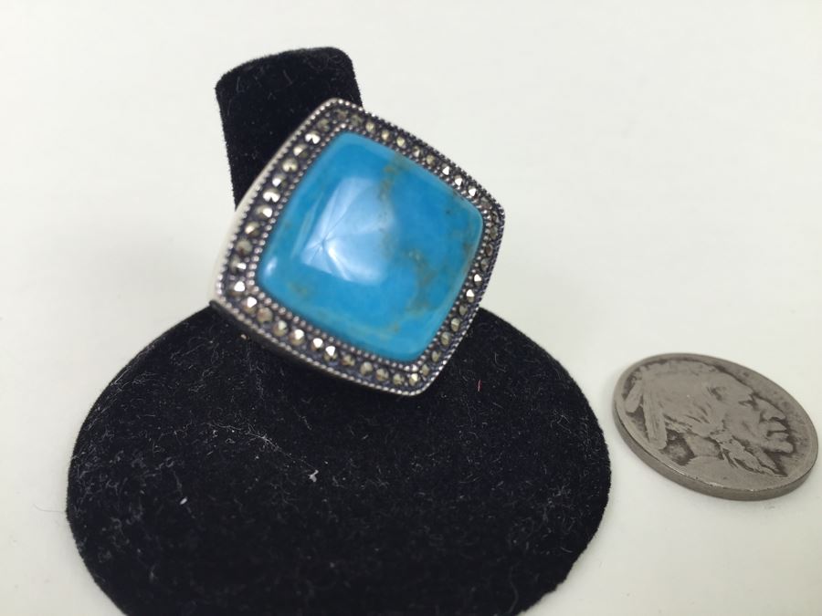 Sterling Silver Turquoise Ring With Marcasites Signed S M J 11.7g [Photo 1]