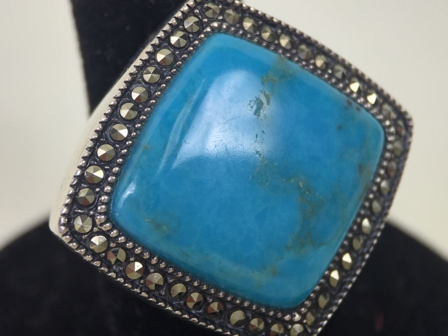 Sterling Silver Turquoise Ring With Marcasites Signed S M J 11.7g [Photo 2]