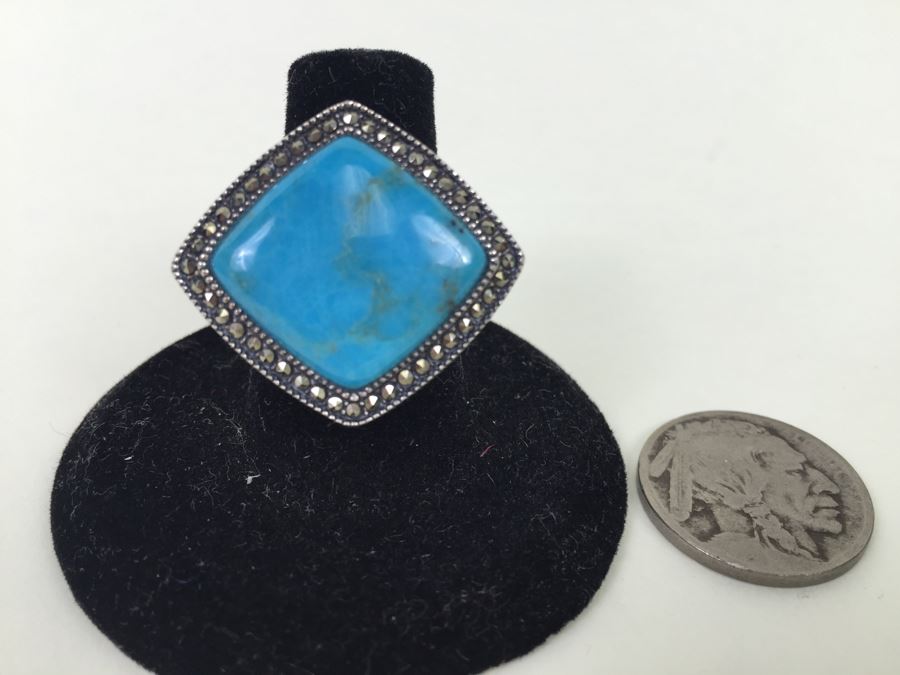 Sterling Silver Turquoise Ring With Marcasites Signed S M J 11.7g [Photo 8]
