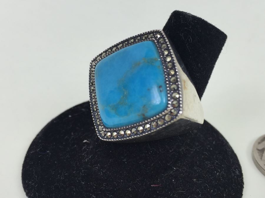 Sterling Silver Turquoise Ring With Marcasites Signed S M J 11.7g [Photo 12]