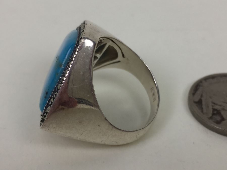Sterling Silver Turquoise Ring With Marcasites Signed S M J 11.7g [Photo 6]