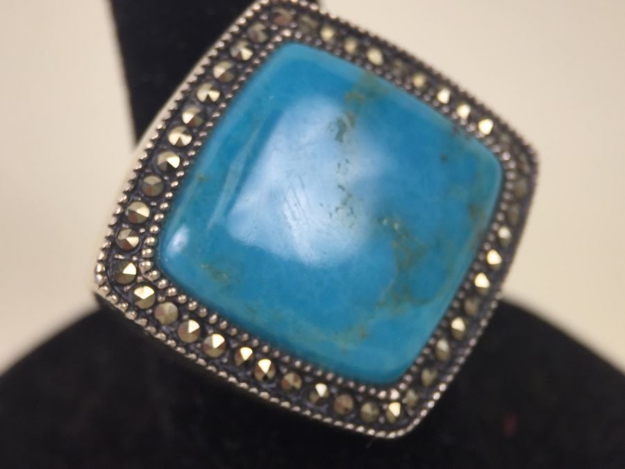 Sterling Silver Turquoise Ring With Marcasites Signed S M J 11.7g [Photo 14]