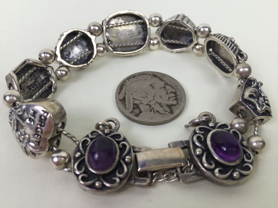 Signed Sterling Silver Bracelet With Gemstones 35.5g [Photo 5]