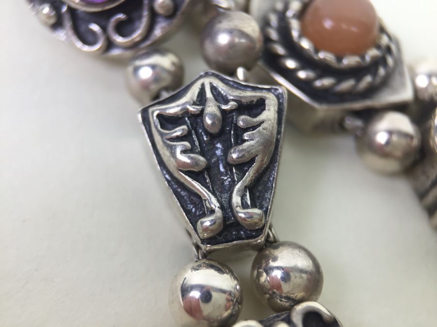 Signed Sterling Silver Bracelet With Gemstones 35.5g [Photo 14]